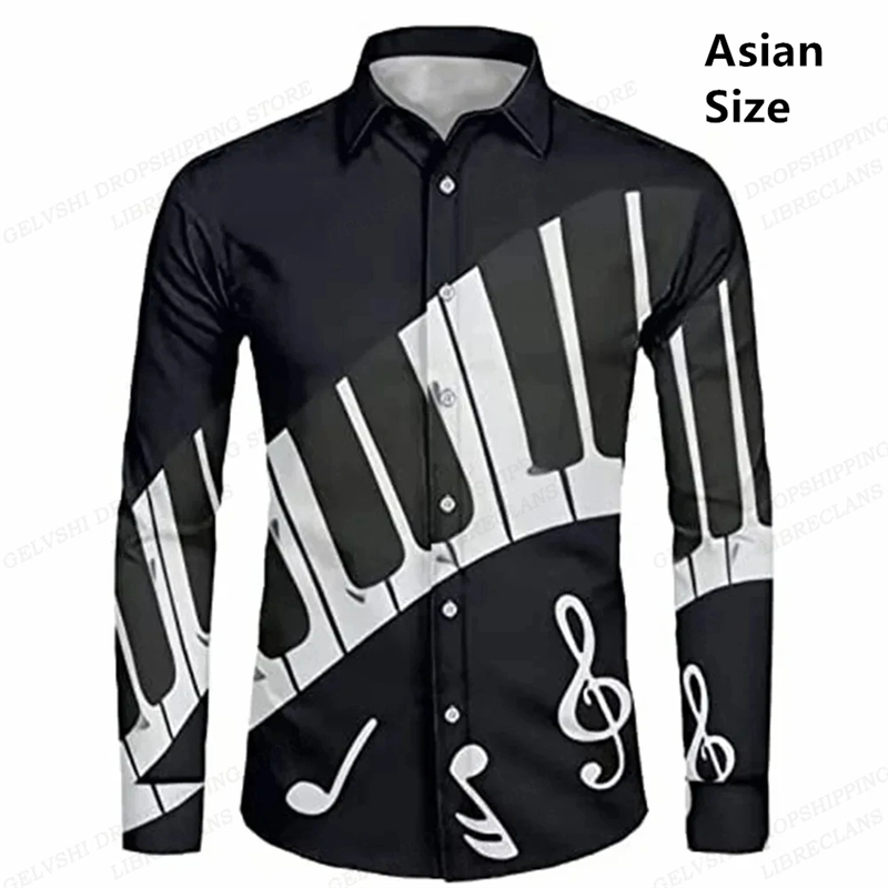 Musical Instrument Hawaii - Preto manga longa havaiano camisa masculina